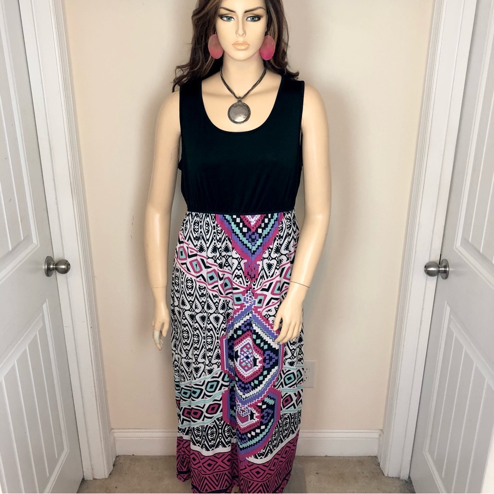 2X PLUS SIZE Black Pink Geometric Aztec Tribal Sleeveless Long Maxi Dress